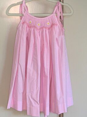Stitchy Fish Pink Gingham Smocked Dress Daisy Embroidery Tie Strap Size 5